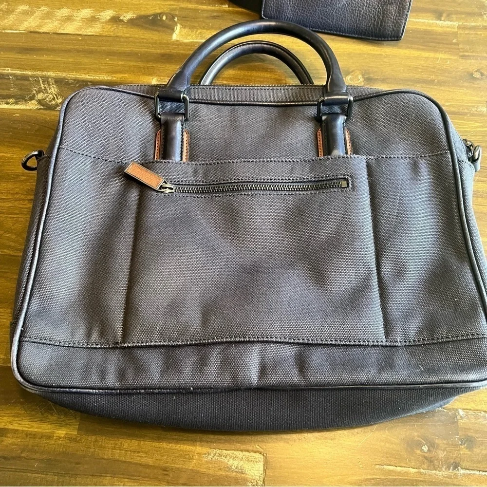 Ted Baker Navy Blue Laptop Bag Case Travel Luggage Padded Double Zipper Leather